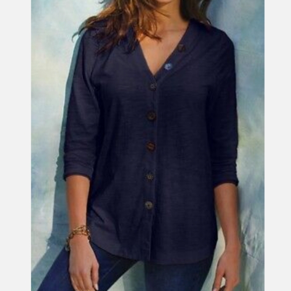 Soft Surroundings Delia Button Long Sleeve Top Black Size Petite Small - Picture 1 of 15